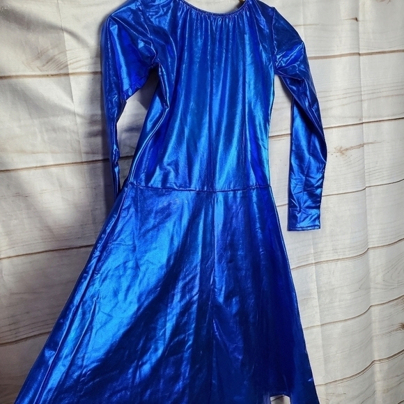 New Metallic Blue Bright Satin Stretch Fit Flare Dress Size Medium - Picture 6 of 10